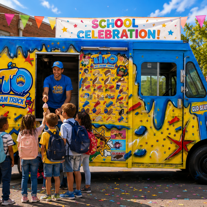 Tito Ice Cream Truck serving children at a school celebration